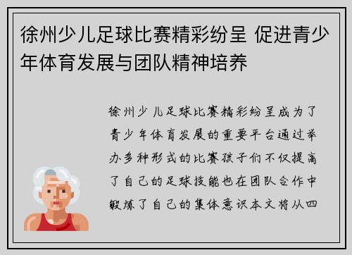 徐州少儿足球比赛精彩纷呈 促进青少年体育发展与团队精神培养