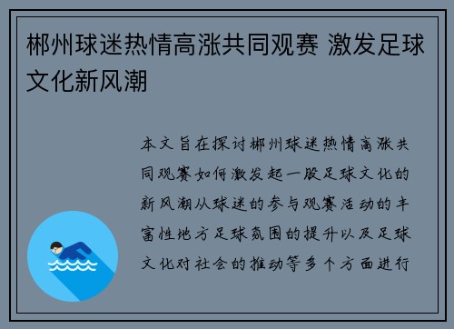 郴州球迷热情高涨共同观赛 激发足球文化新风潮