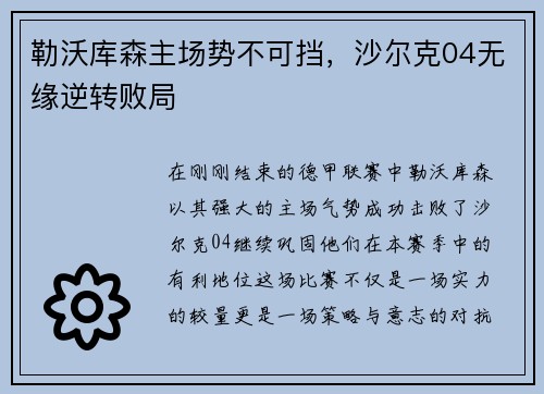 勒沃库森主场势不可挡，沙尔克04无缘逆转败局