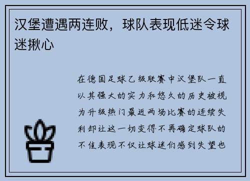 汉堡遭遇两连败，球队表现低迷令球迷揪心