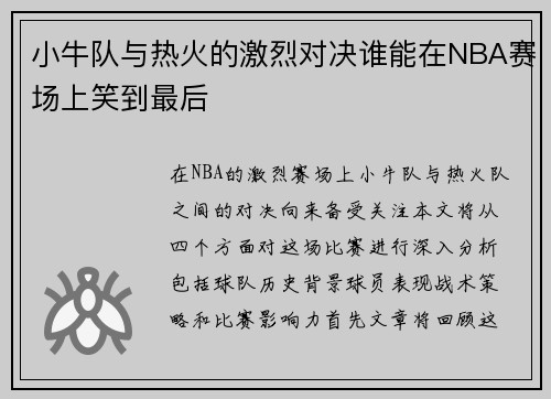 小牛队与热火的激烈对决谁能在NBA赛场上笑到最后