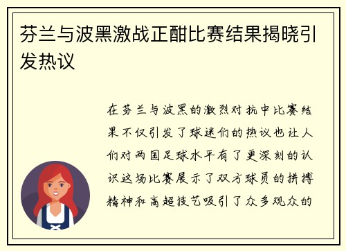 芬兰与波黑激战正酣比赛结果揭晓引发热议