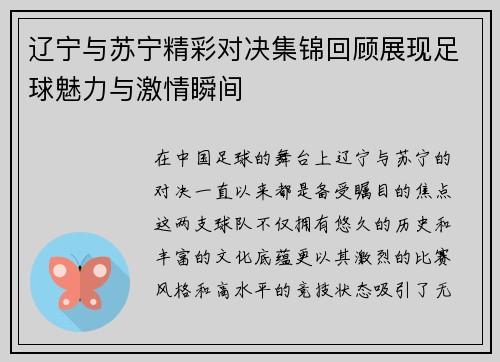 辽宁与苏宁精彩对决集锦回顾展现足球魅力与激情瞬间