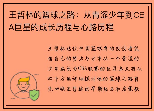 王哲林的篮球之路：从青涩少年到CBA巨星的成长历程与心路历程