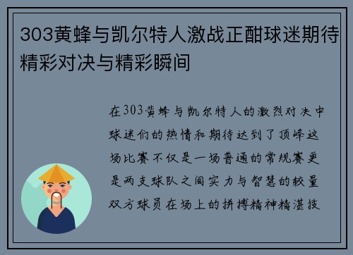 303黄蜂与凯尔特人激战正酣球迷期待精彩对决与精彩瞬间